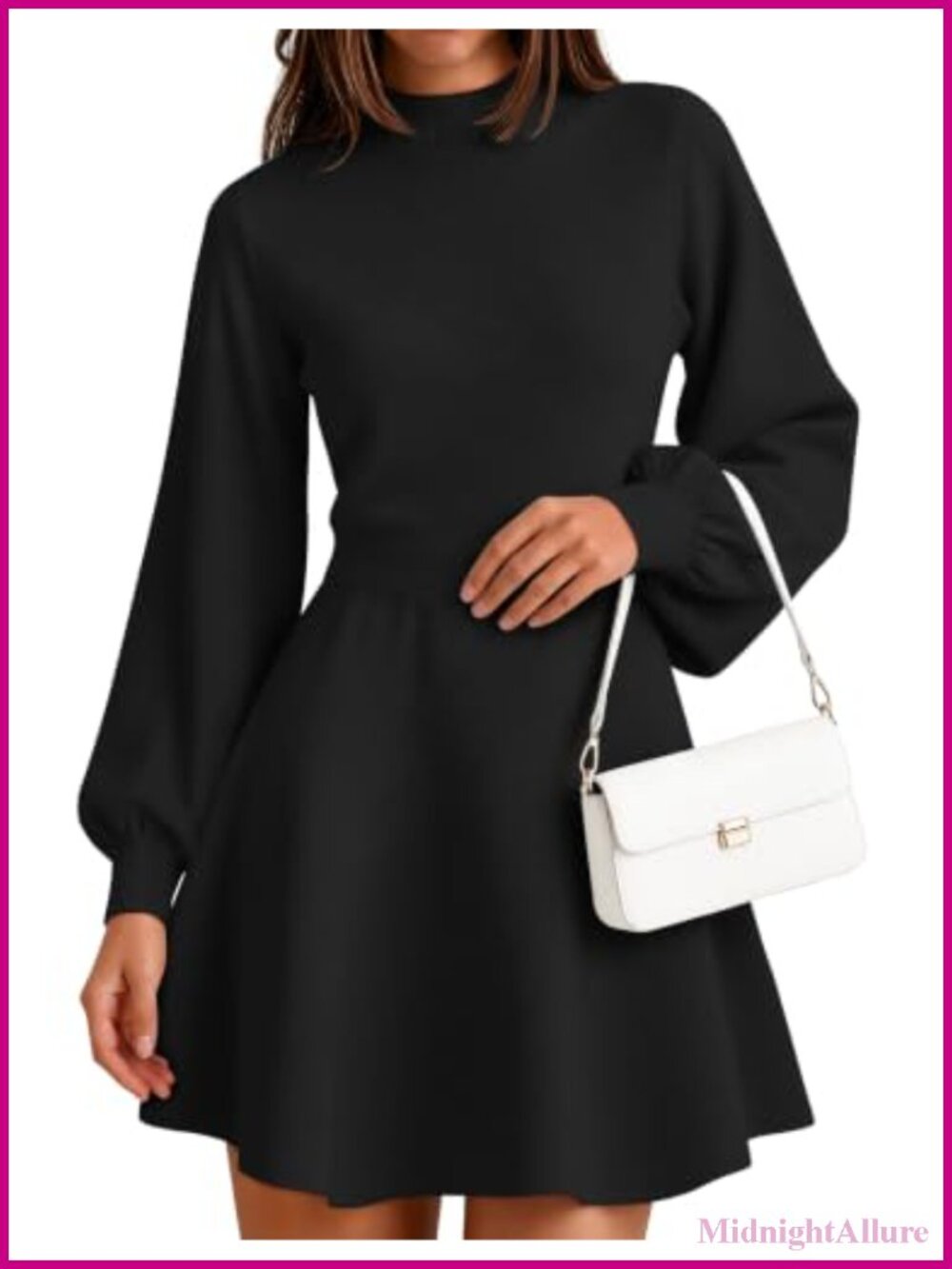 Mock Neck Lantern Sleeve Sweater Mini Dress A-Line Knit